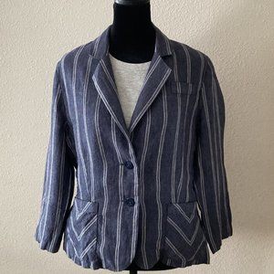 CAbi Jacket Women's Size 6 Navy Stripe 100% Linen Front Pockets Collared Buttons